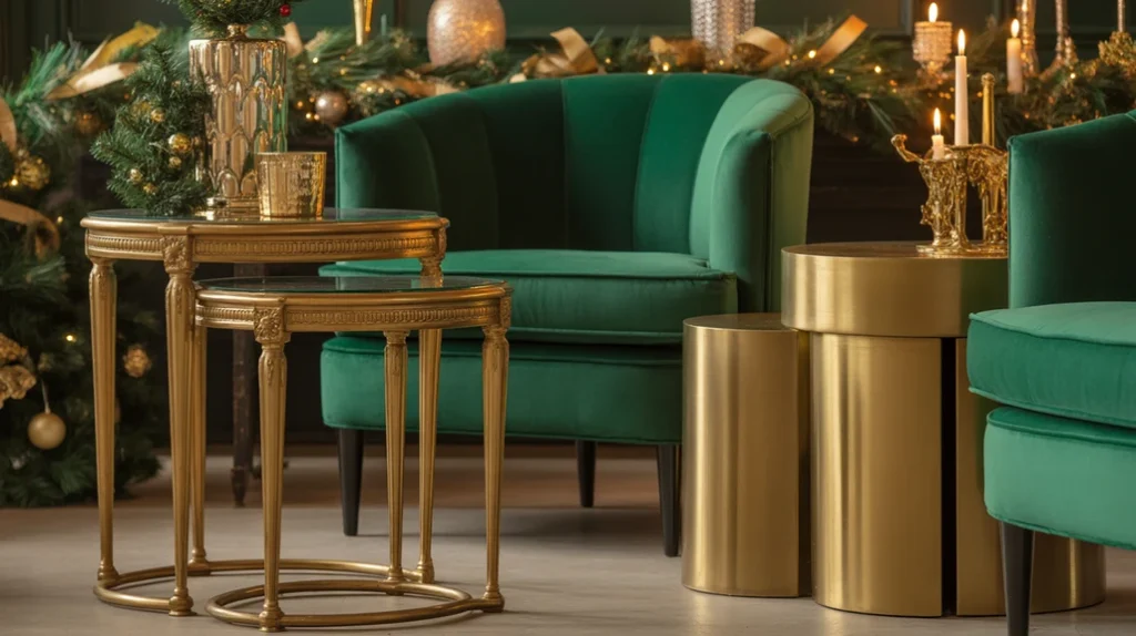 Gold accent tables and emerald-toned furniture adding sophistication to a modern holiday living room.