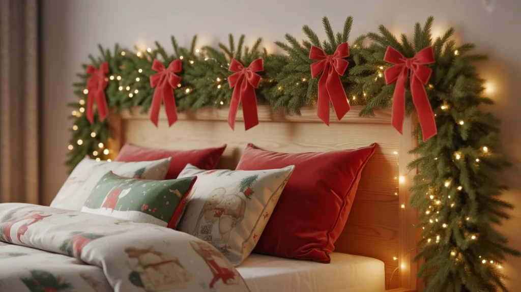 kids bedroom headboard decorated with pine garland, ribbons, and fairy lights