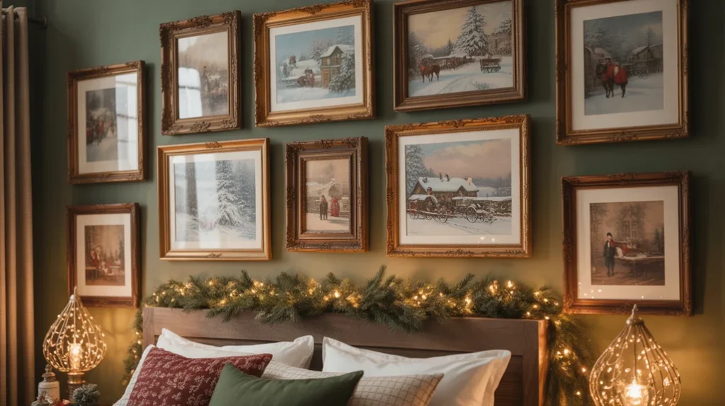 Framed vintage winter prints adding nostalgic charm to a traditional Christmas bedroom decor