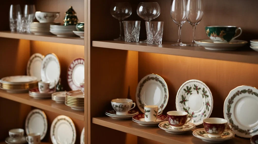 holiday glassware and gold-rimmed china displayed on open kitchen shelves for elegant festive decor