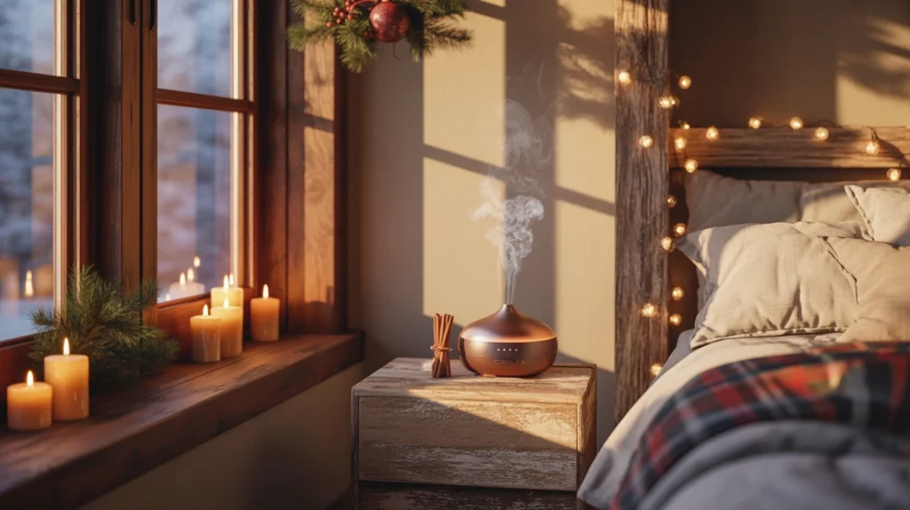 Pine-scented candles and cinnamon diffusers adding natural holiday aroma to modern rustic bedroom