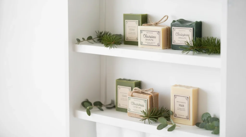 Christmas soap bars in festive packaging styled on bathroom shelf