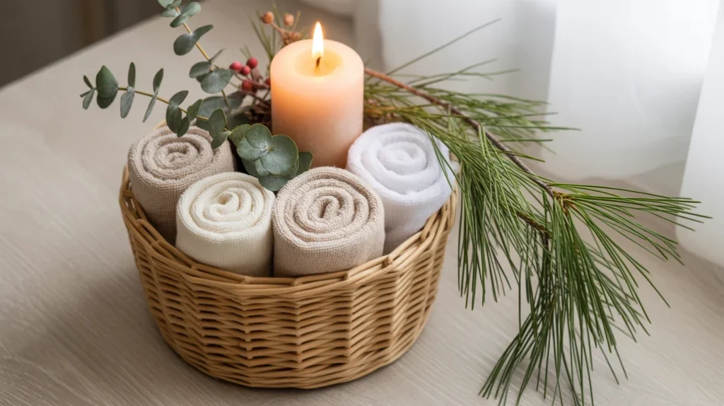 Hygge-inspired Christmas basket filled with cozy winter bathroom essentials.
