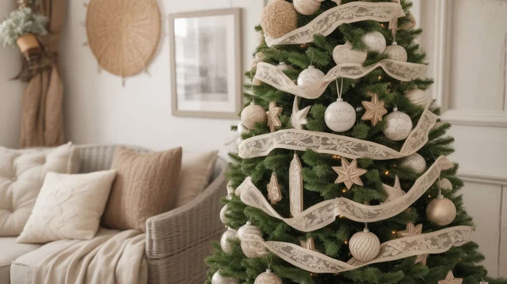 Lace ribbon farmhouse Christmas tree for a soft vintage and cottagecore holiday look.
