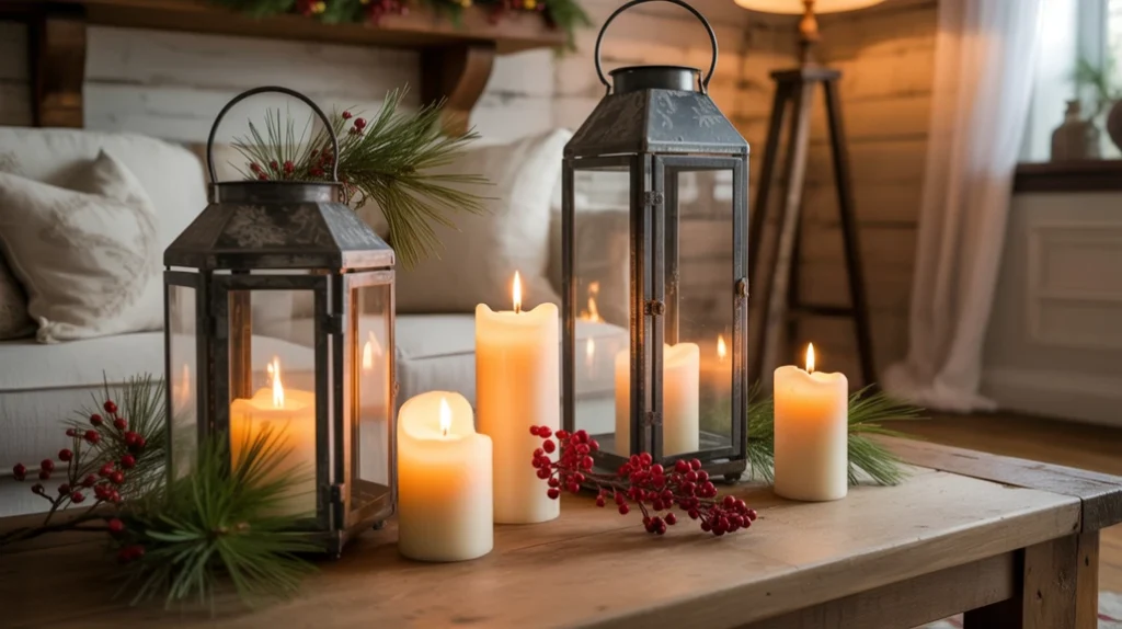 Lanterns and candles glowing in a rustic farmhouse Christmas living room for cozy evening decor.