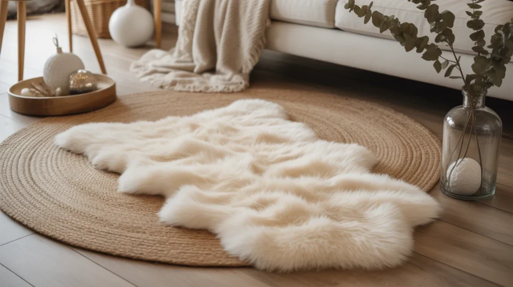 Layered rugs and soft flooring textures adding warmth to Christmas living room