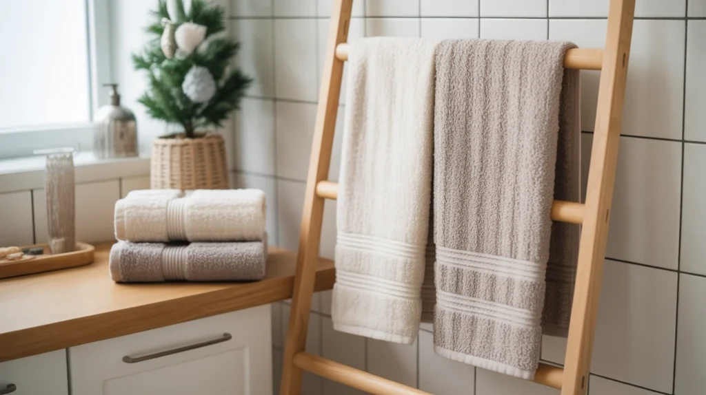 linen and cotton towels in neutral tones for a cozy hygge scandinavian christmas bathroom