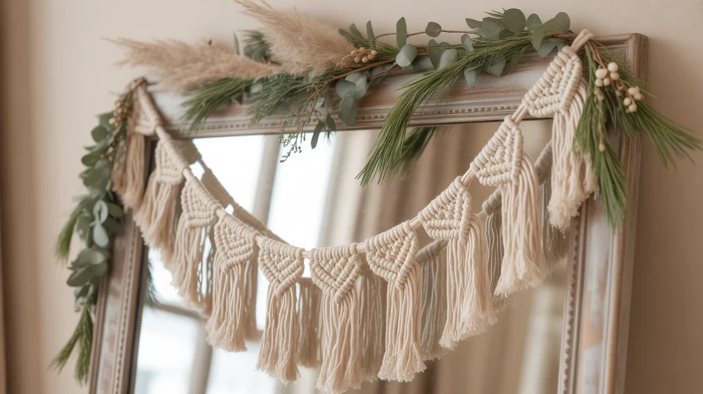 macrame garland draped with greenery adding handmade charm to boho christmas bathroom decor