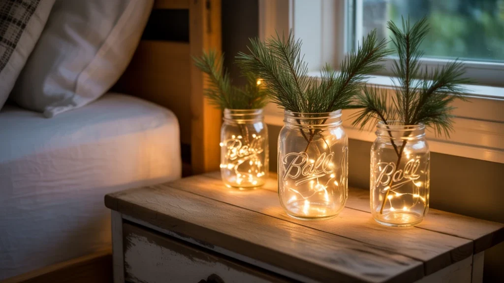 Mason jars filled with fairy lights and pine sprigs used as rustic lighting in farmhouse bedroom