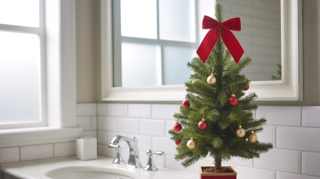 mini tabletop christmas tree with simple ornaments in bathroom for classic holiday decor