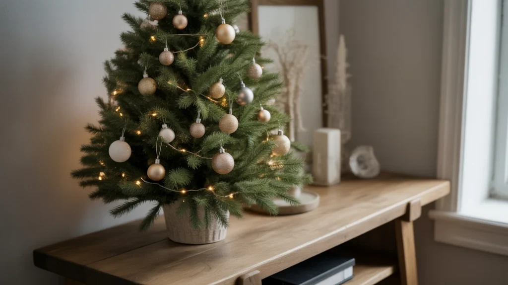 Mini tabletop Christmas tree on a wooden console, decorated with ornaments and fairy lights in small apartment.
