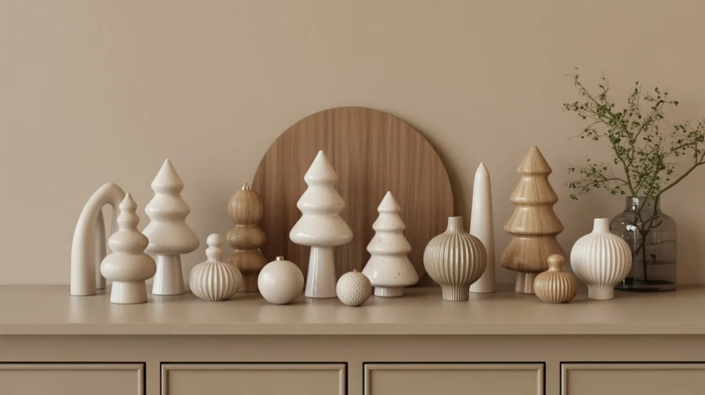 ceramic and wooden minimalist ornaments in neutral tones for simple Christmas decoration