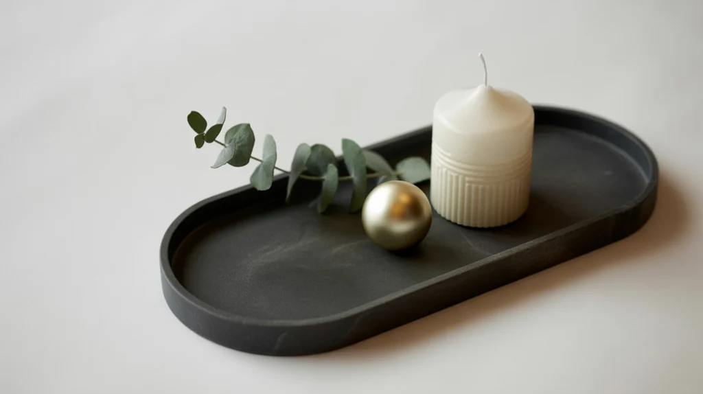 modern candle tray with winter greenery and subtle christmas details