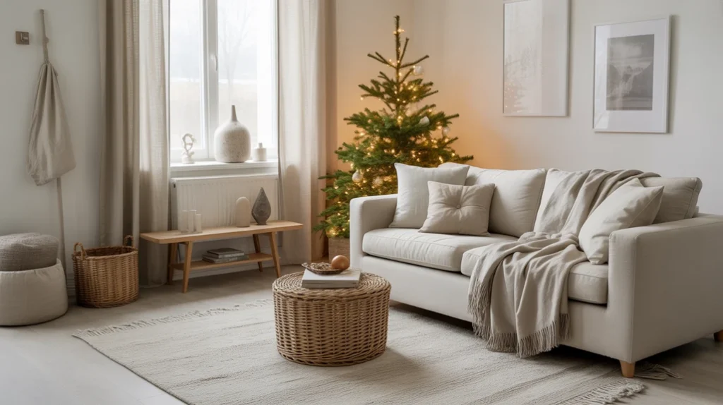 “Scandinavian minimalist Christmas interior with linen curtains, wool throws, and natural fabric textures creating hygge warmth.”