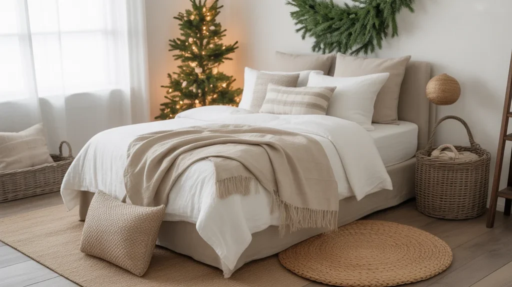 Rustic Christmas bedroom with linen and jute fabrics, cotton throws, and pine accents.