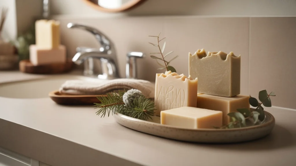 winter-scented soap bars in neutral packaging displayed on a bathroom vanity