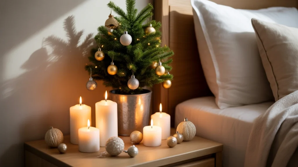 bedroom nightstand decorated with candles and ornaments for simple christmas styling