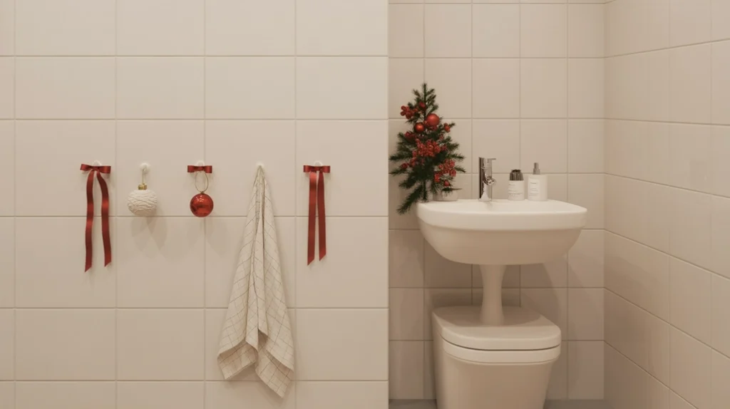 Soft Nordic red accents adding subtle Christmas warmth to a calm Scandinavian bathroom.