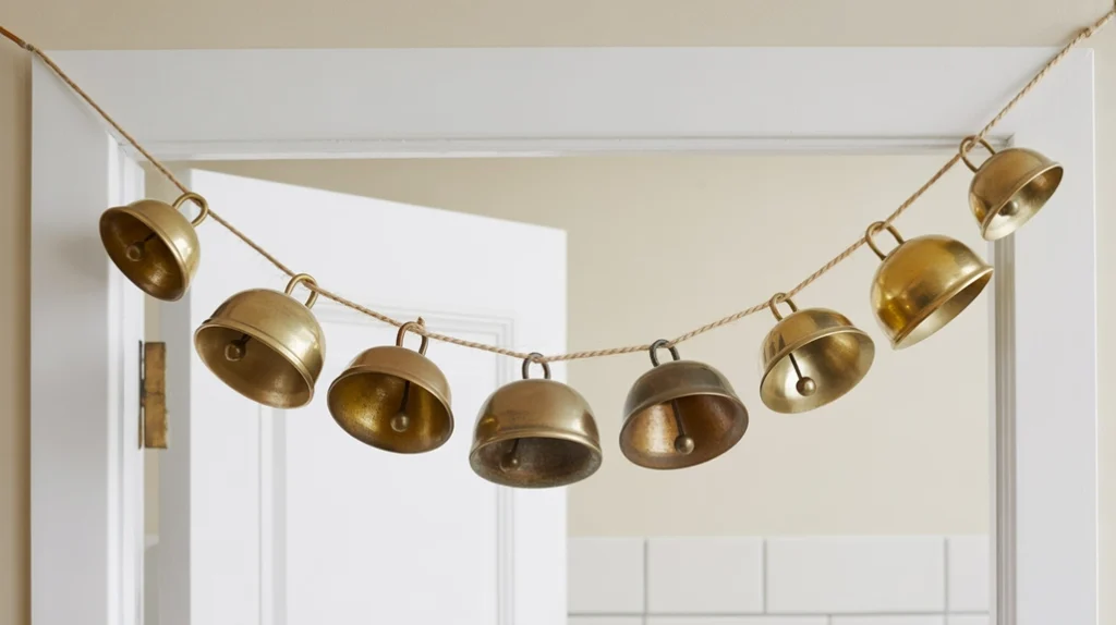 metal bell garland with aged finish hanging in bathroom doorway for vintage charm