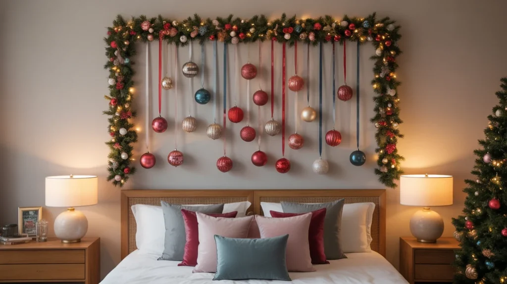 DIY wall frame displaying colorful ornaments and ribbons as creative festive bedroom art idea.