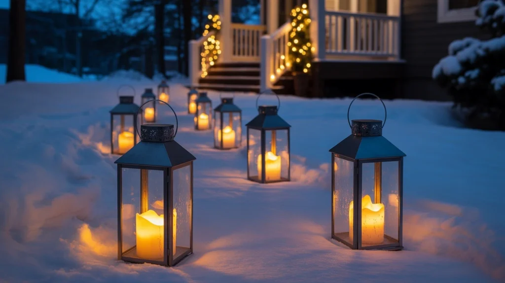 Outdoor pathway lined with lanterns and LED candles creating welcoming Christmas lighting for guests.