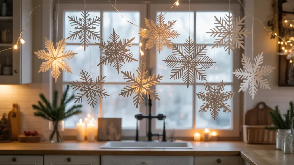 Paper snowflake window decorations for an easy and inexpensive Christmas kitchen craft