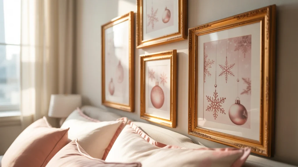 framed pink Christmas wall art with snowflake prints completing romantic festive bedroom design
