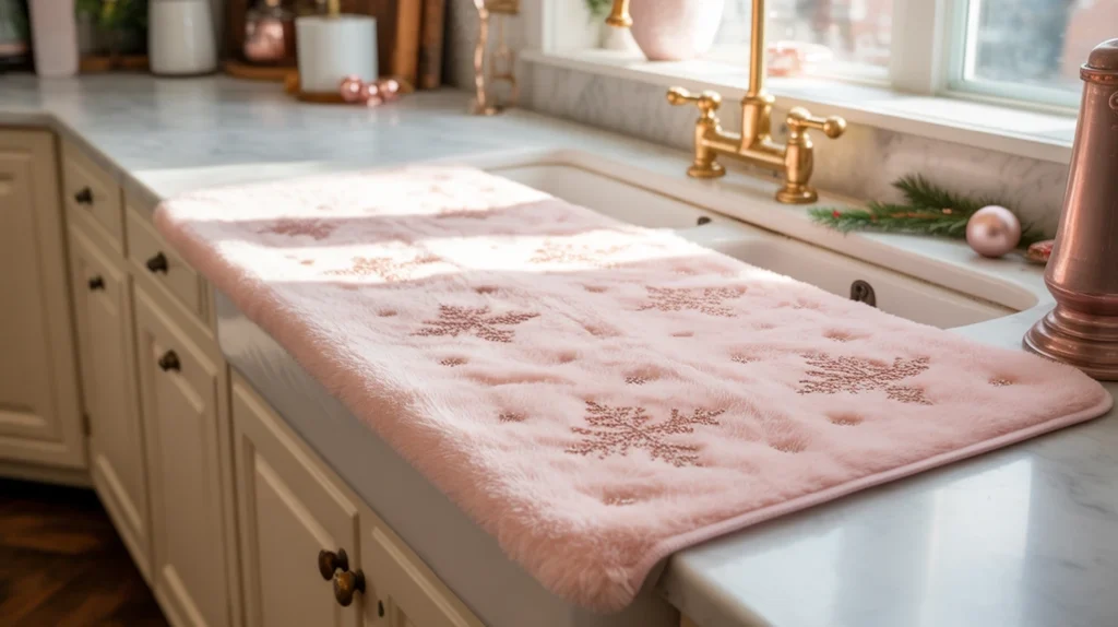 Pink kitchen rug adding cozy texture and soft festive warmth to a pastel Christmas kitchen
