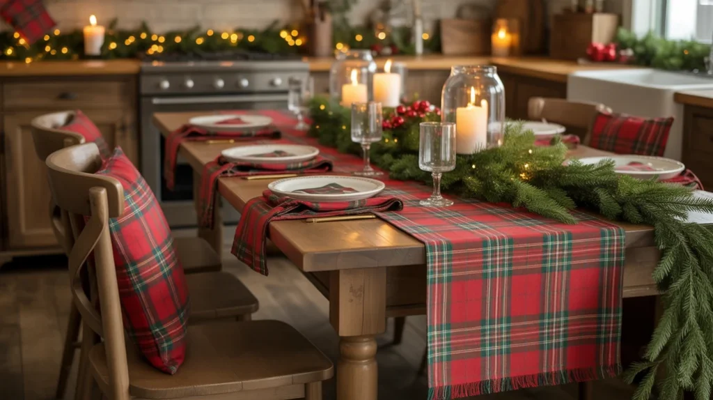 plaid table runner and napkins in red and green tones styled in cozy christmas kitchen