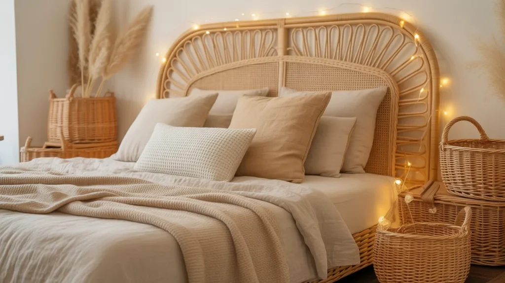 Wicker baskets and rattan bed frame blending natural textures in warm bohemian Christmas bedroom