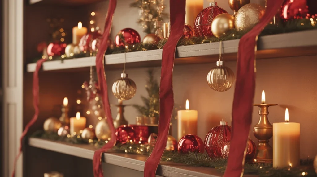 Red and gold Christmas shelf decor ideas with candles and ribbons