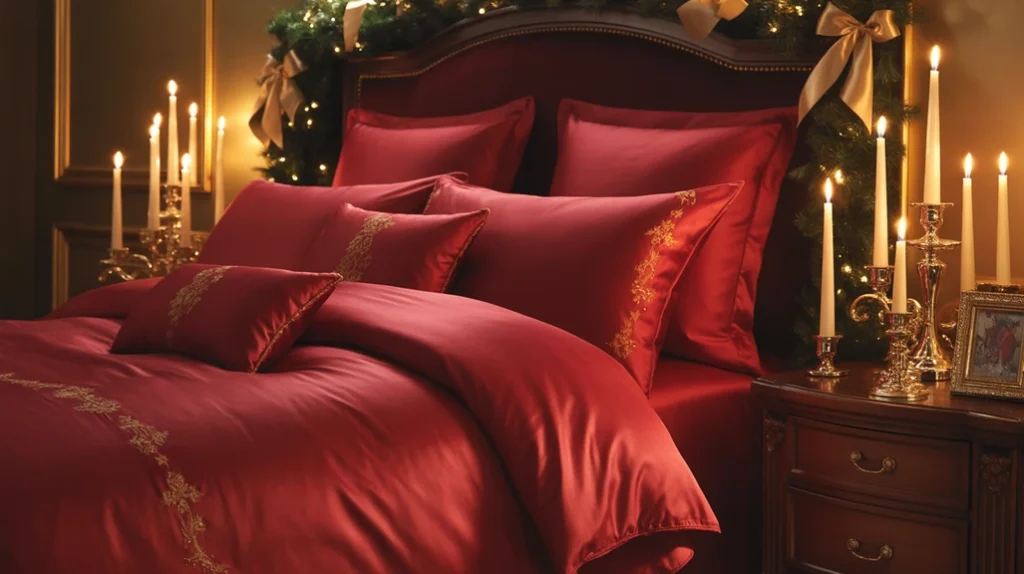 elegant red and gold christmas bedroom decor with metallic accents and cozy holiday atmosphere