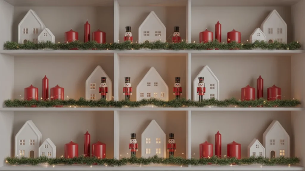 Bookshelf decorated with red candles, white ceramics, nutcrackers, and twinkling fairy lights.