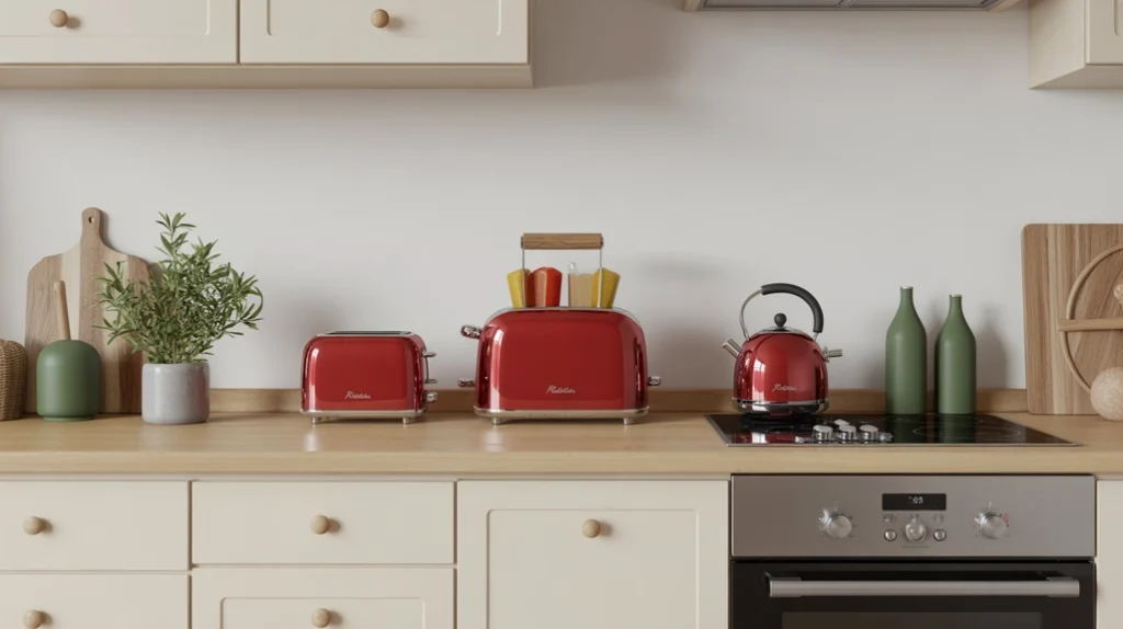 Modern kitchen with red appliances and green accents for bold and colorful Christmas decor.