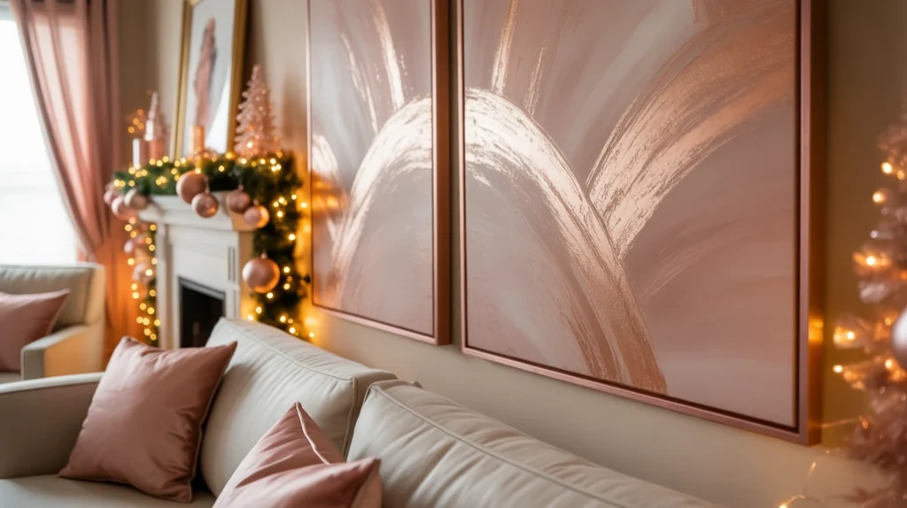 Modern wall art with blush and rose gold tones accenting a stylish Christmas living room interior.