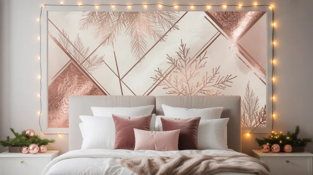 framed rose gold wall art adding chic metallic detail to modern holiday bedroom decor