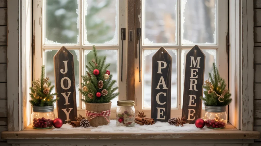 Rustic wooden Christmas window decor with signs, ornaments, and cozy farmhouse style accents.