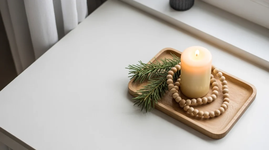 scandinavian christmas tray with neutral candle, wood beads, and simple greenery