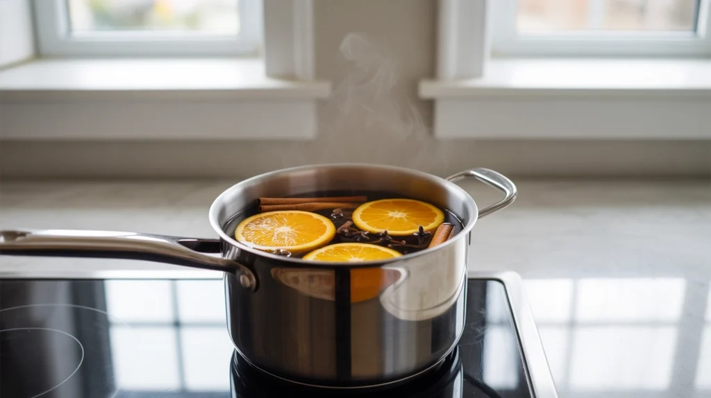 Minimalist kitchen with stovetop simmer pot of oranges and cinnamon, natural Christmas scent decor