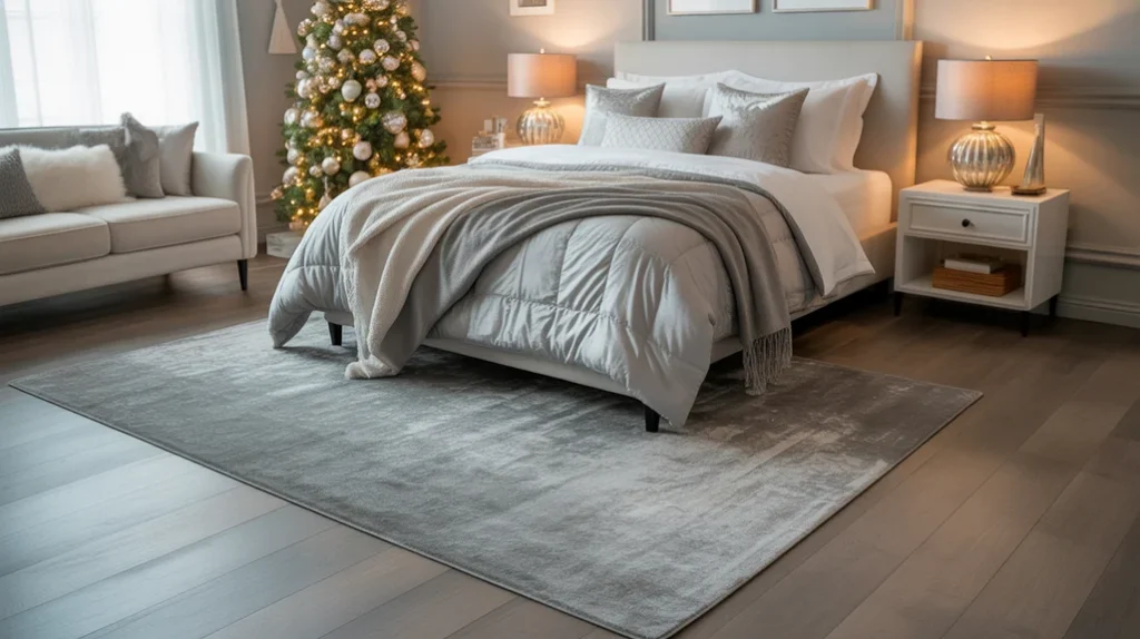 soft silver area rug under bedding adding warmth and texture to contemporary holiday bedroom design