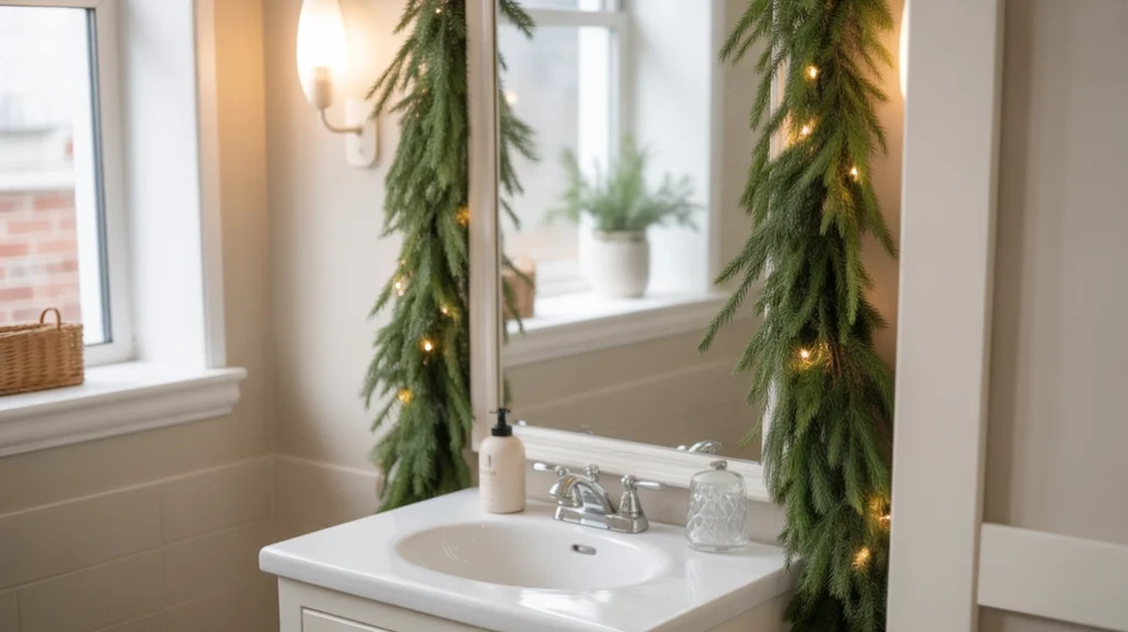slim pine garland draped across a vanity for subtle christmas greenery