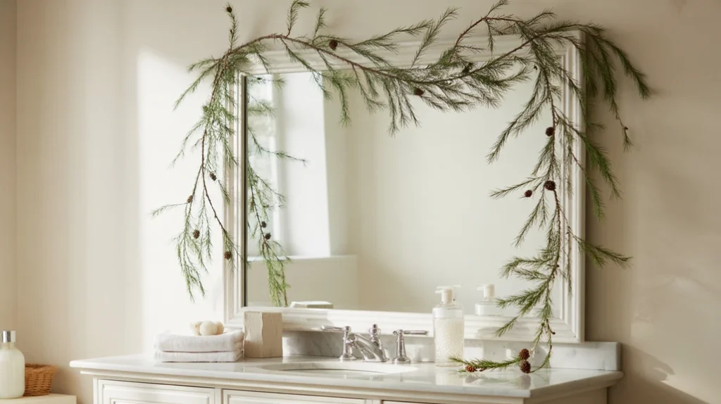 slim pine garland draped around a vanity adding natural greenery and winter style