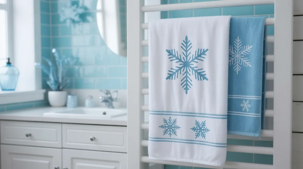 snowflake patterned christmas towels for a cool winter wonderland bathroom style