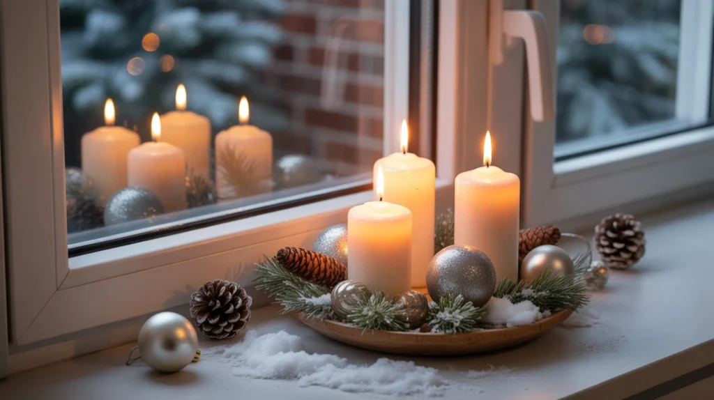 : White pillar candles surrounded by artificial snow and pinecones on a kitchen windowsill, warm and peaceful Christmas decor.