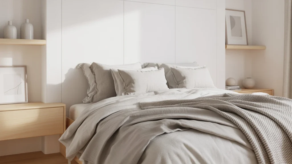 Scandinavian color palette of soft grays and whites creating calm modern Christmas bedroom atmosphere