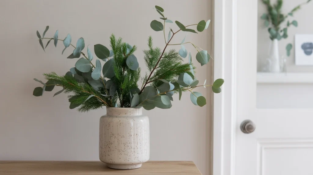 “Soft eucalyptus and pine greenery arranged for natural Scandinavian holiday decor”