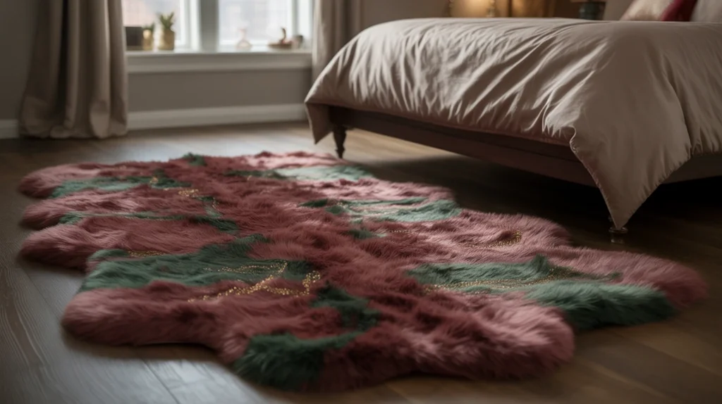 Soft faux-fur rug under bed creating warmth and texture in festive guest bedroom