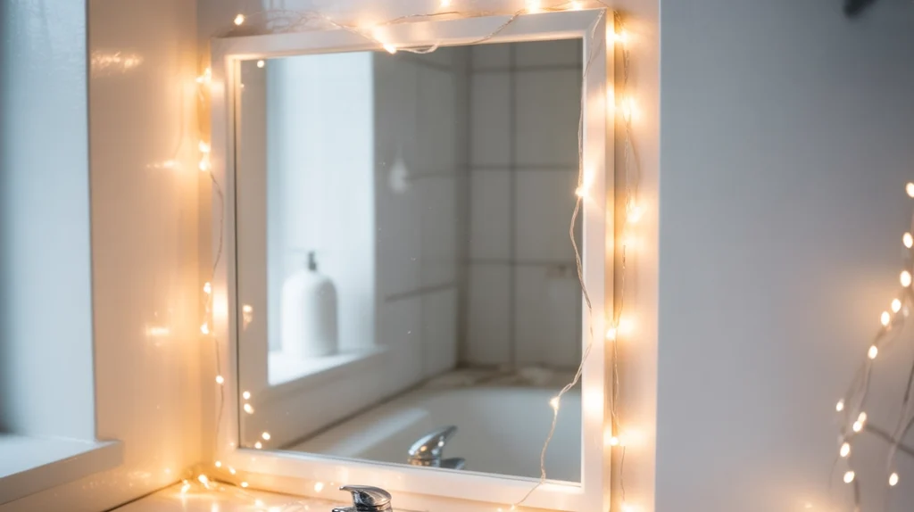 soft white lights creating a cozy winter glow around bathroom mirror
