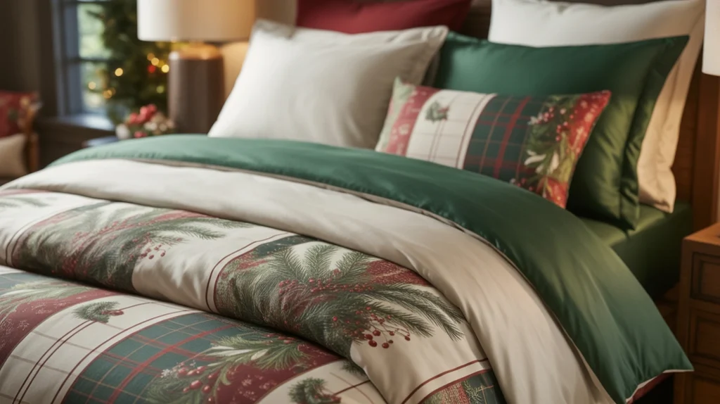 Mix of solid and printed bedding creating balanced Christmas bedroom decor