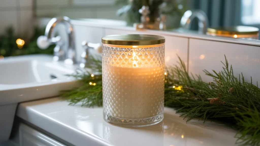 large festive candle with gold lid used as a luxe focal point in christmas bathroom decor